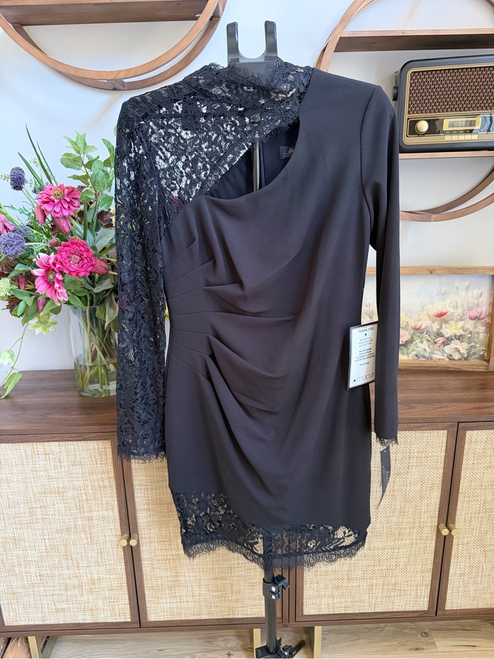 Aidan by Adrianna Papell Black Lace One Shoulder Mini Dress Size 14 NWT